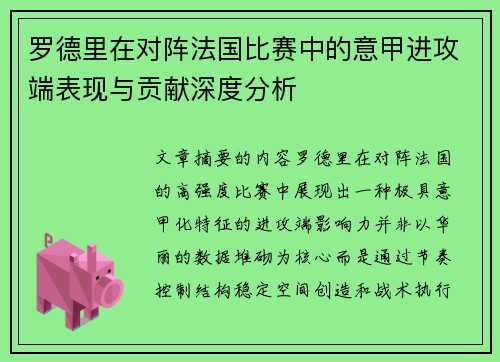 罗德里在对阵法国比赛中的意甲进攻端表现与贡献深度分析
